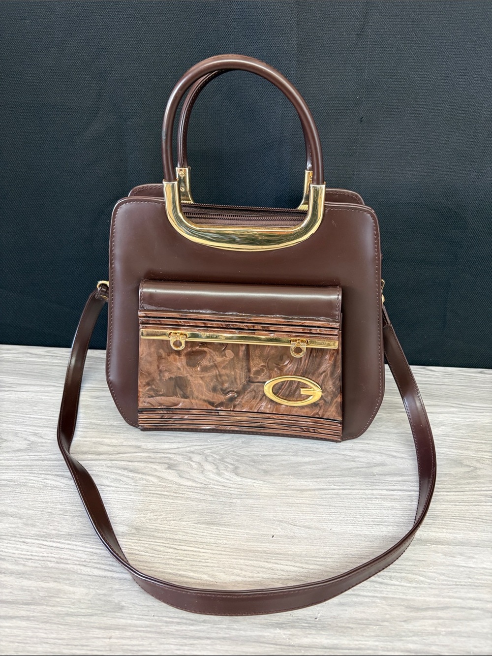 Guess Brown Satchel with Marbled Front and Gold Hardware